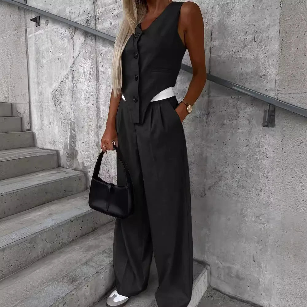 Two Piece Set for Women- Vest Blazer Top and Ruched Wide Pants
